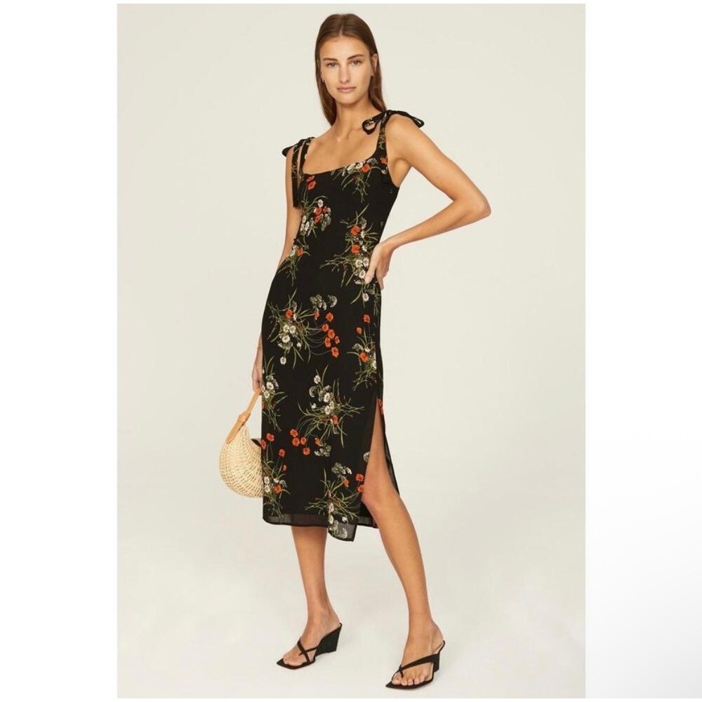 Reformation Besse Floral Tie Strap Midi Dress Black 2